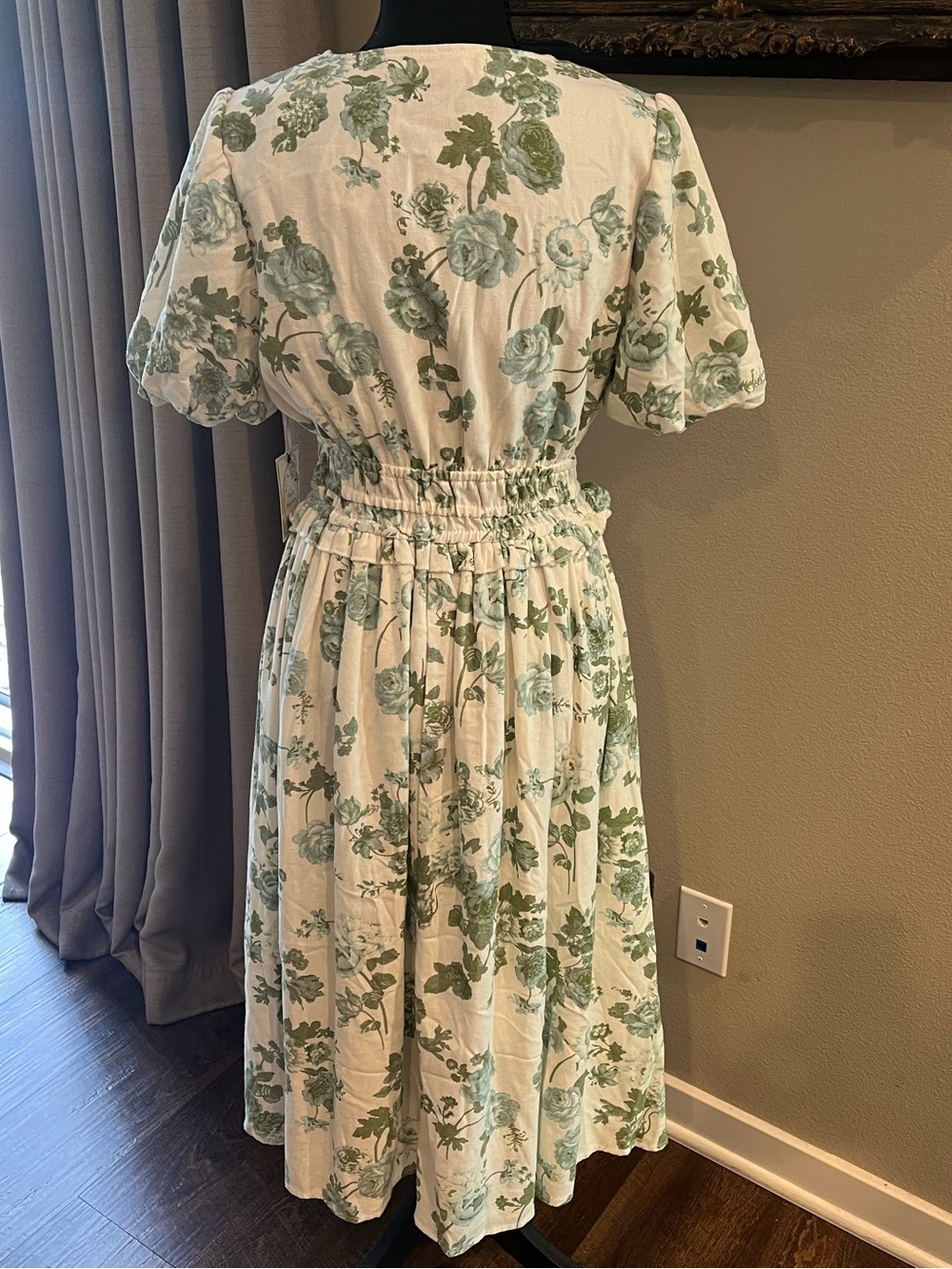 Doen Style V-Neck Green & White Floral Linen Blend Midi Dress Cottagecore - Picture 4 of 8